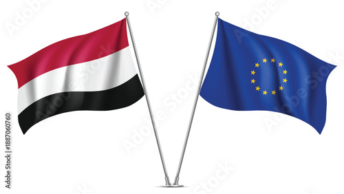 High Quality background with Two Standings Wavy Flags of European Union & Yemen