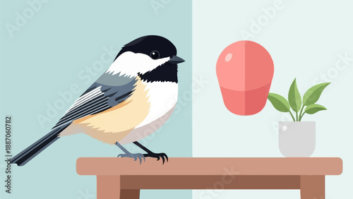 A chickadee perches on a brown table beside a pink orb and a potted plant
