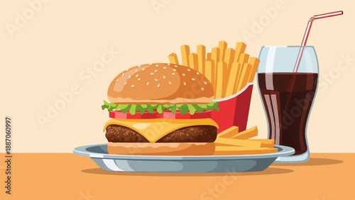 A classic fast-food meal of a juicy burger, fries, and a fizzy drink
