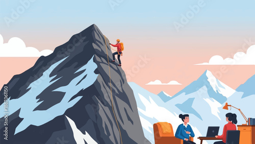 A climber scales a mountain while two people work at desks