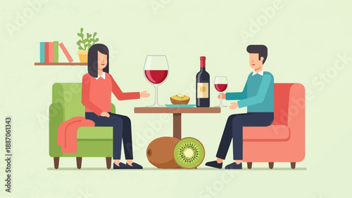 A couple enjoys a romantic evening with wine and kiwi fruit in cozy chairs