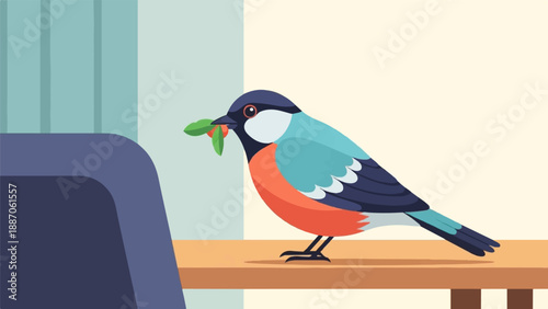 A colorful bird with berries and leaves in its beak sits on a wooden surface