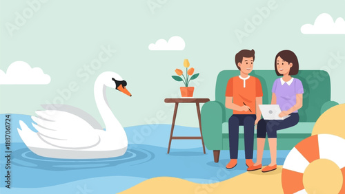 A couple relaxes on a couch near a swan and a life preserver