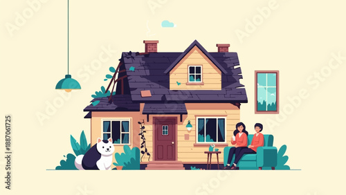 A couple relaxes on a sofa outside their home with a pet cat