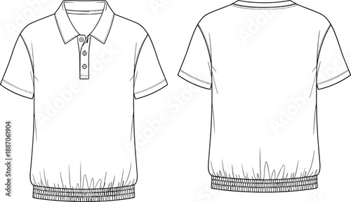 Mens polo shirt front back technical flat sketch, short sleeve elastic hem apparel cad drawing flat vector illustration design template