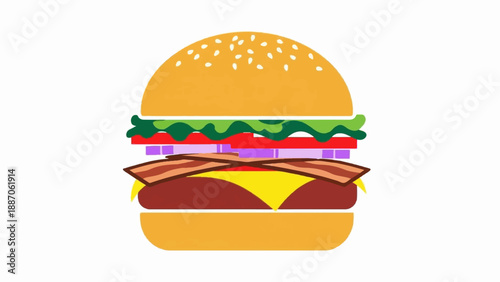 A colorful illustration of a stacked burger with bun, lettuce, tomato, onion, bacon, cheese, and patty