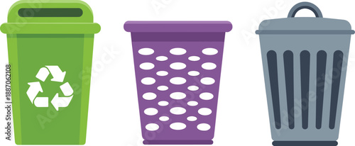 Trash and recycle bin icon set illustration, colorful waste containers for garbage disposal, recycling and environmental cleanup, modern flat vector isolated on white