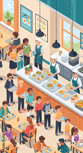 Busy cafeteria scene with people eating and staff serving food at counters and tables, illustrated in a vibrant eps style like ee.eps
