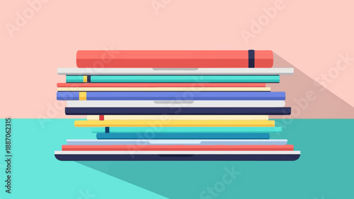A colorful stack of books casting long shadows on a minimalist background