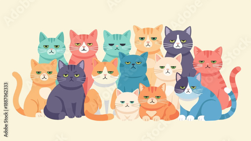 A diverse group of cartoon cats, in various colors, sit together with grumpy expressions