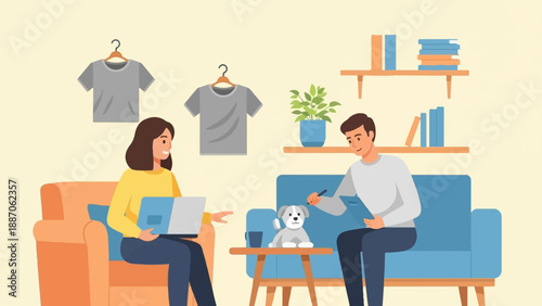 A couple works from home with their dog, surrounded by home decor and clothes