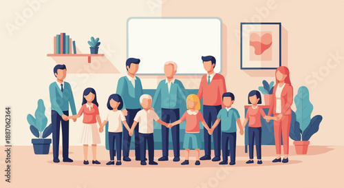 A diverse group of people holding hands in a warm, welcoming indoor setting