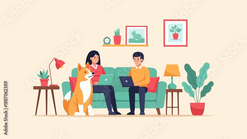 A couple works on laptops on a sofa with their dog