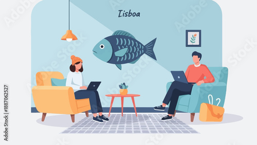 A cozy room in Lisbon features two people on laptops near a large fish decoration