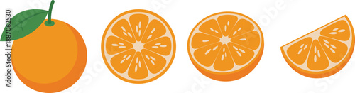 Orange fruit illustration set, whole and sliced citrus segments with leaf, fresh organic food elements in flat style vector isolated on white background