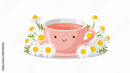 A cute pink teacup filled with pink liquid, surrounded by daisies