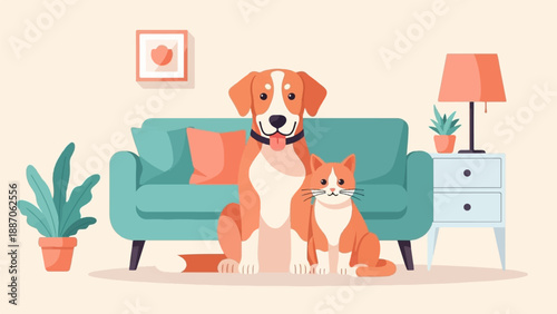 A dog and cat sit contentedly by a couch in a cozy room