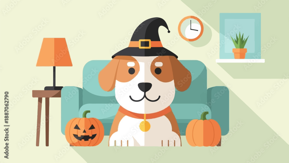 Fototapeta premium A dog in a witch hat sits in a living room with pumpkins
