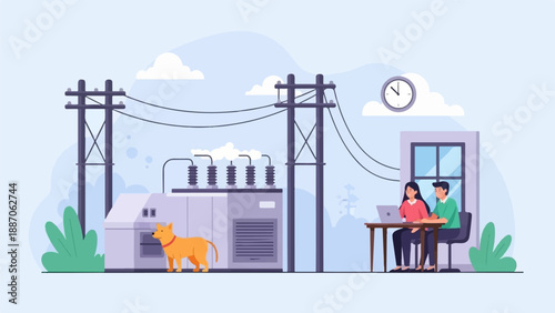 A dog guards electrical infrastructure as a couple works remotely near a clock