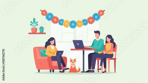 A cozy workspace with people, a dog, and festive floral decorations