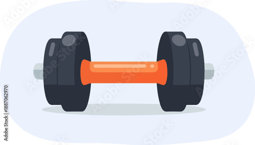 A dark grey dumbbell with an orange handle sits centered on a light blue background