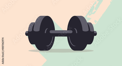 A dark grey dumbbell rests on a surface with abstract light colored shapes