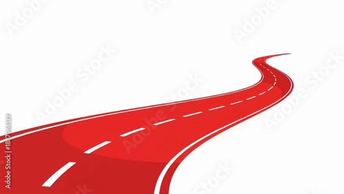 A curving red road with white dashed lines on a white background