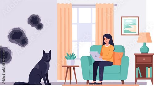 A dog sits near a moldy wall while a woman uses a laptop on a couch