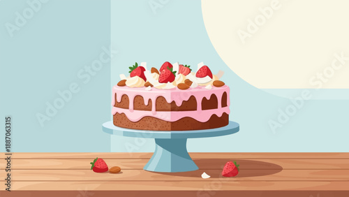 A delicious pink frosted cake topped with strawberries, cream, and almonds