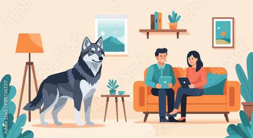 A dog stands in a living room while a couple uses tablets on a couch