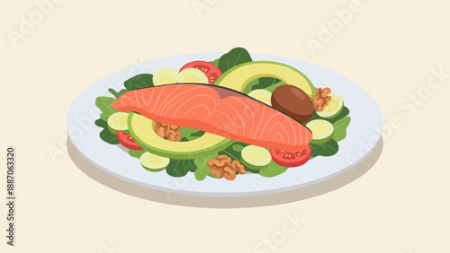 A delicious, healthy salmon salad with avocado and tomato on a plate