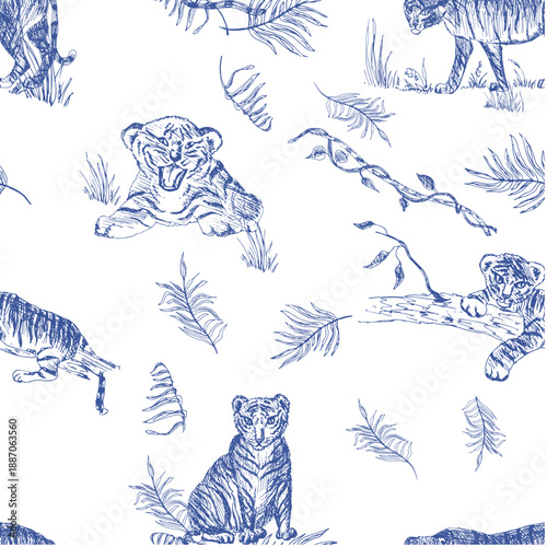 Tigers and lion cub, blue toile pattern, tropical vector design.