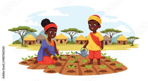 Vector illustration of African children planting crops in a small field, promoting sustainability and agricultural learning in rural daily life through flat vector design