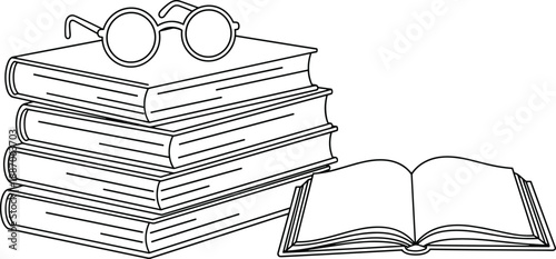 Book stack with eyeglasses icon set, open and closed books for study and reading themes - flat vector illustration
