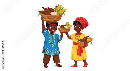 Vector illustration of African children carrying harvested crops together, symbolizing teamwork, productivity, and rural community strength in flat vector style