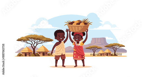 Vector illustration of African children carrying harvested crops together, symbolizing teamwork, productivity, and rural community strength in flat vector style