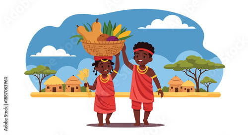 Vector illustration of African children carrying harvested crops together, symbolizing teamwork, productivity, and rural community strength in flat vector style