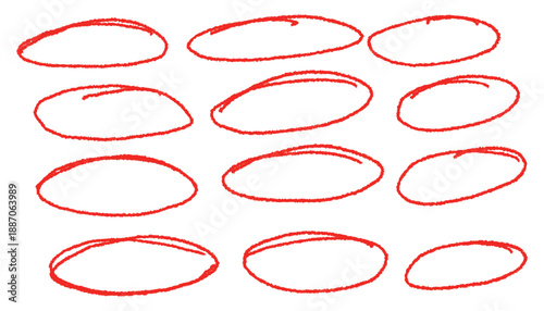 Set of doodle ellipses red highlight circle. Red pen drawn marks or marker sign. Charcoal pen round ovals. Scribble marker round elements isolated on white. Handwritten scribble marker academic symbol