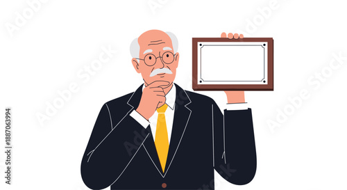 Thoughtful senior man in business suit holding blank framed certificate or award while gesturing towards his chin.