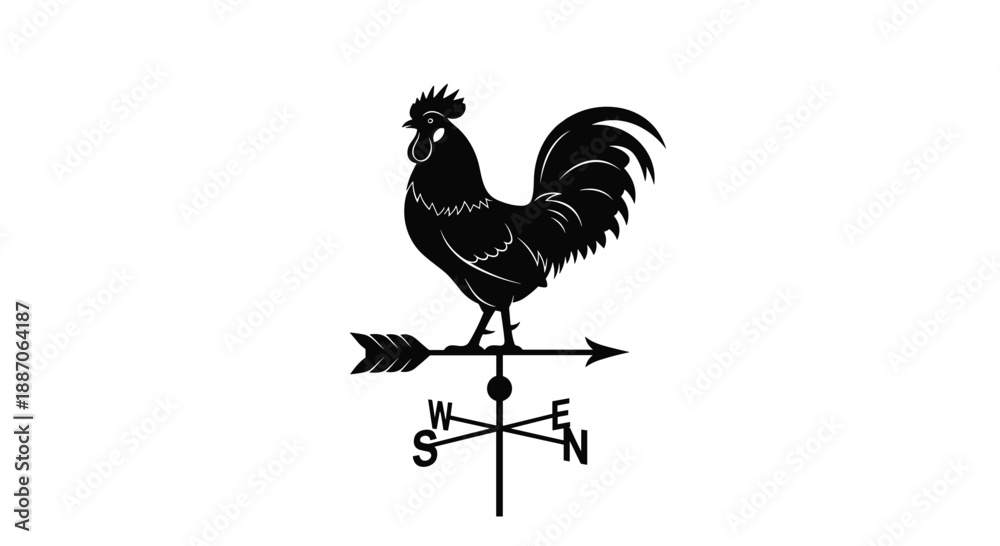 Obraz premium Traditional black silhouette weather vane featuring a rooster on top of an arrow indicating north, south, east, and west.