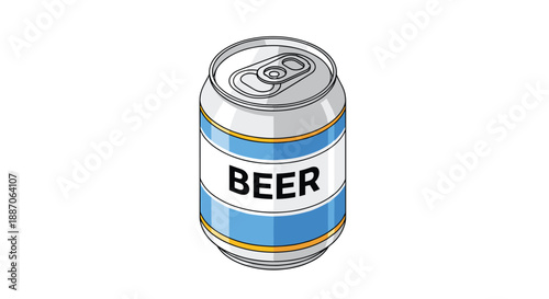 Metallic aluminum beer can with a blue and white label featuring the word beer in bold black letters on white.