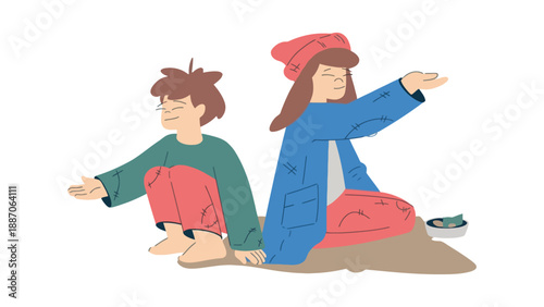 Two cartoon children sitting on the ground in a playful and carefree pose