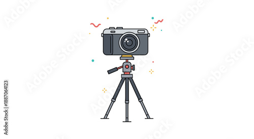 Professional digital camera mounted on a black and gray tripod with festive sparkles and confetti in the background.