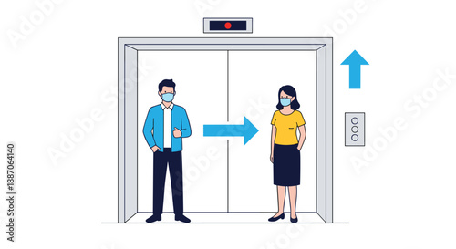 Man and a woman wearing face masks standing inside an elevator while maintaining social distance during a pandemic.
