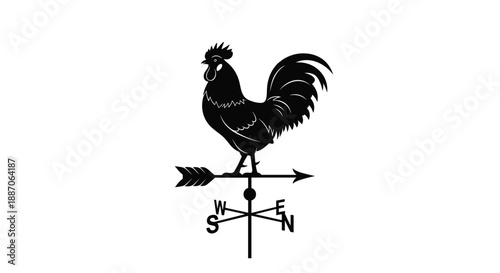 Traditional black silhouette weather vane featuring a rooster on top of an arrow indicating north, south, east, and west.