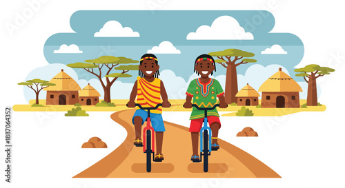 Vector illustration of African children riding bicycles on village roads, showing daily transport and joyful rural mobility in flat vector style