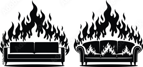 Burning couch icon set, modern and classic sofa silhouettes engulfed in flames - flat vector illustration