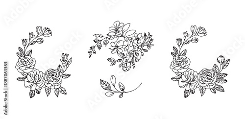 Bild auf Leinwand Minimalist floral wreath and bouquet sketches for branding with delicate rose an