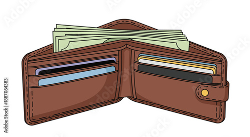 Open brown leather wallet is filled with multiple credit cards and several paper money bills, symbolizing personal finance and wealth.
