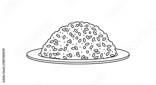 Plate of delicious fried rice with visible grains and vegetables is depicted in a simple black and white vector outline style.